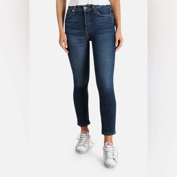 Re/Done Comfort Stretch High Rise Crop Jeans in Midnight Blue - Picture 1 of 10